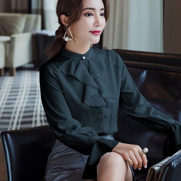 

women's blouses & shirts casual solid chiffon women blouse shirt fashion 2021 long sleeve ladies blusa feminina a77, White