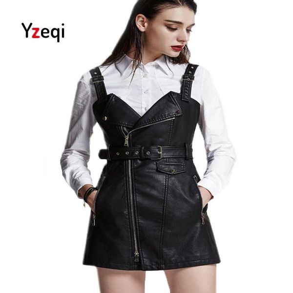 

women's leather & faux yzqi fashion autumn overall dress women soft pu dresses turn-down collar slim retro black short