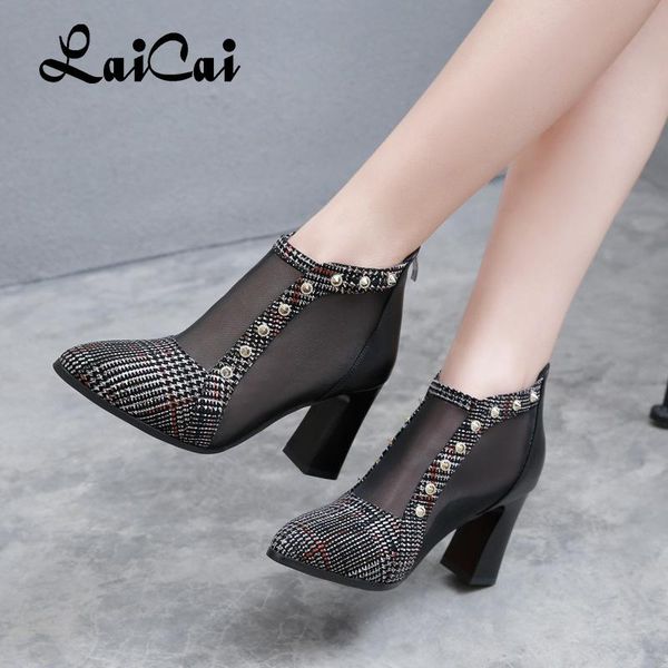 

spring women's shoes thick heel mesh high heels breathable sandals baotou large size hollow boots, Black