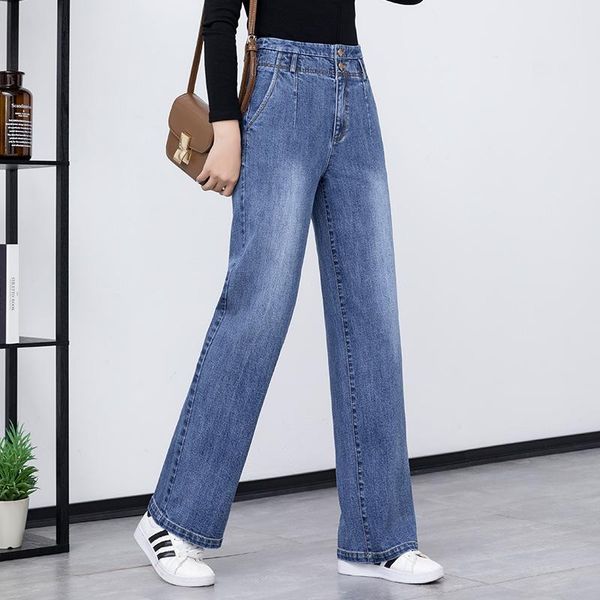 

women's jeans makuluya women vintage 2 buttons casual denim trousers all-match straight wide-legged full length pants rgl6, Blue