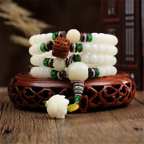 

beaded, strands design natural white bodhi root 108 strand bracelet or yoga prayer necklace carved lotus rudraksha beads mala dropship, Black