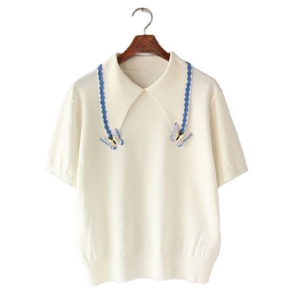 

korean fashion short-sleeved lapel sweater loose and thin ice silk t-shirt summer women's clothing 210520, White;black