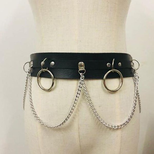

belts 2021 women punk gothic faux leather belt metal chain ring waist strap street dance decor, Black;brown