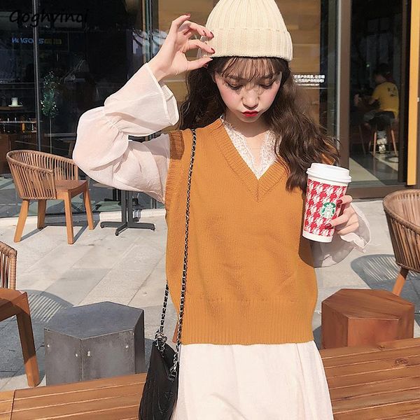 

women's vests sweater vest women v-neck crop solid sleeveless sweaters womens all-match chic fashion korean style casual teens, Black;white