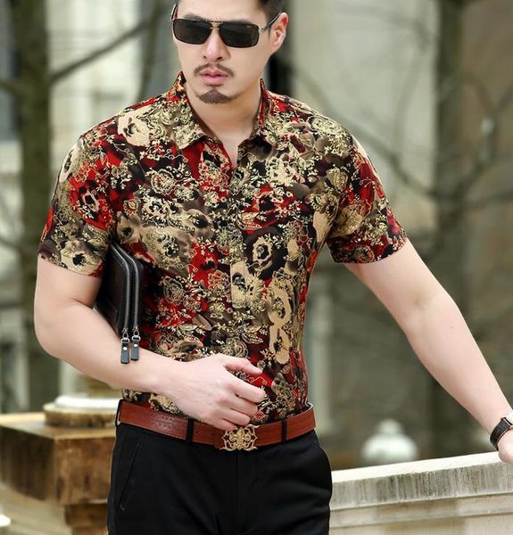 

pattern mens flower business casual silk floral shirts thin slim summer short sleeved shirt s-3xl men's, White;black