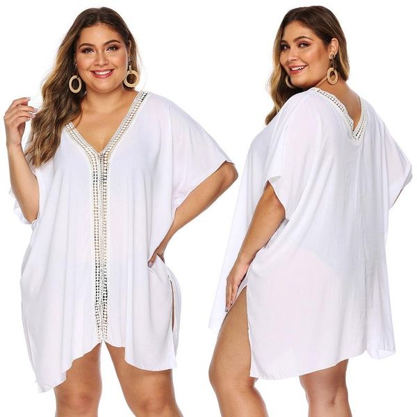 

plus size v neck beach wear women swimsuit cover up swimwear bathing suits summer mini dress oversize pareo ups women's, White;black