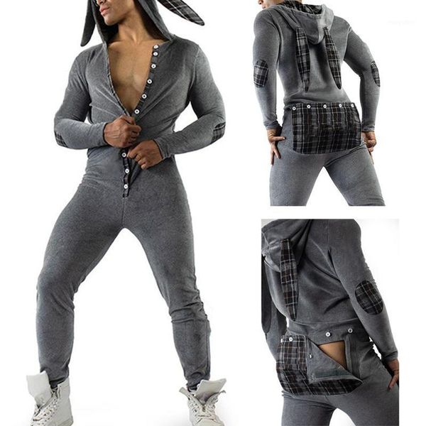 

casual men bodysuit, long sleeve ears hooded button collar trousers openable hip for autumn 2021 arrival, Black