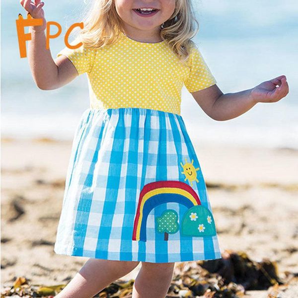 

girl's dresses summer for 2-7t girls polka dot print patchwork plaid dip hem cute girl clothes a-line short sleeve o-neck dress kids, Red;yellow