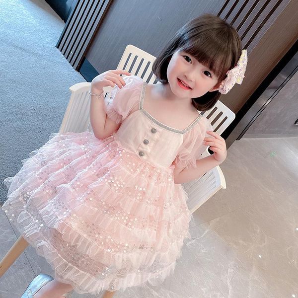 

summer girls princess dress children casual fashion lace sequins square collar party kids clothes girl's dresses, Red;yellow