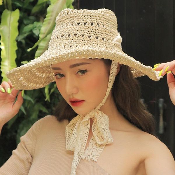 

sun-resistant e foldable seaside holiday handmade lace ribbon crochet straw hat women's summer outing wide brim hats, Blue;gray