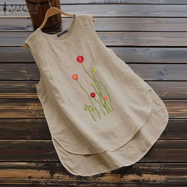 

women's blouses & shirts 2021 summer sleeveless floral embroidery tank blouse znazea women vintage casual o neck cotton linen tunic bl, White
