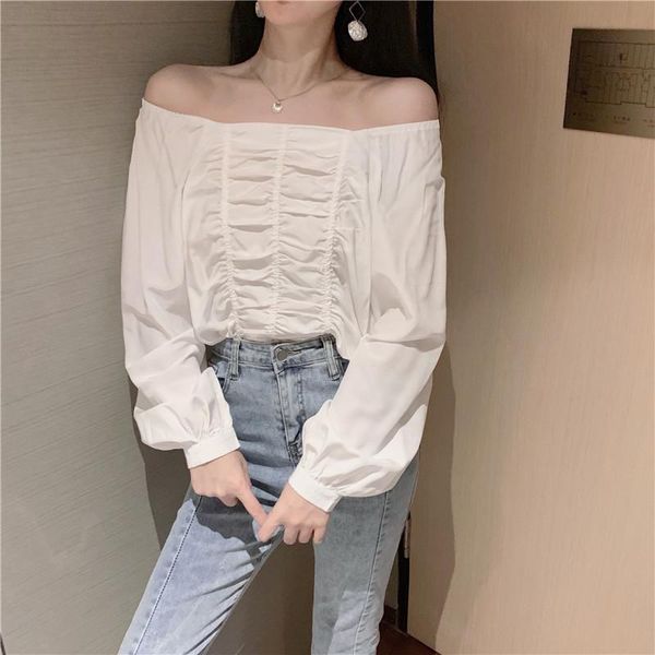 

women's blouses & shirts womens and spring 2021 korean vintage pleated off shoulder square collar lantern sleeve white shirt blusas t4