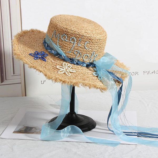 

korean lafite straw hat woman small fresh japanese seaside sunshade summer sun protection folding beach wide brim hats, Blue;gray