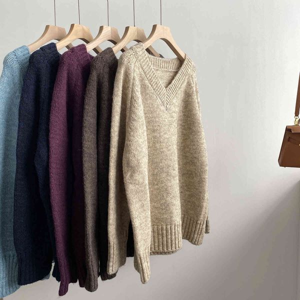 

winter thickened solid color v-neck sweater korean style loose long sleeve split pullover 5 colors vk2g, White;black