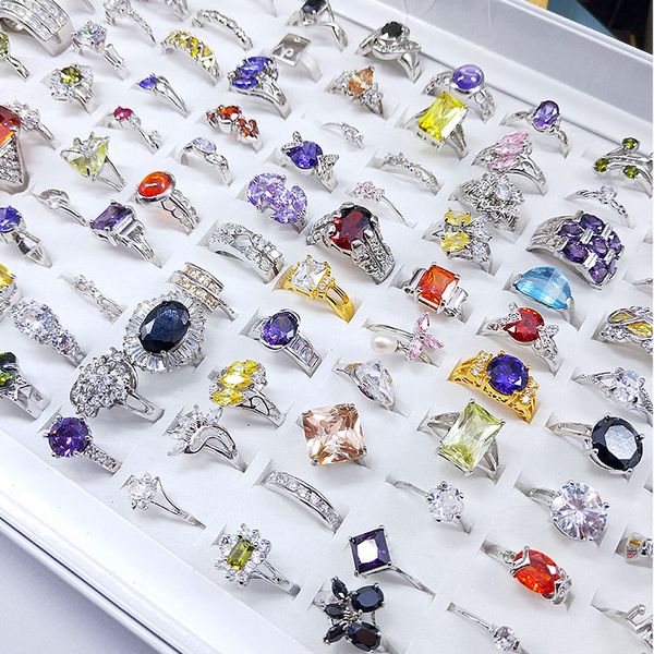 

wholesale 50pcs/lot women natural stones crystal rings gemstone fashion halo cocktail ring wedding party gifts fine jewelry mixed styles, Silver