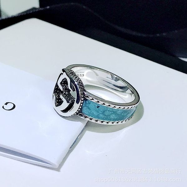 

ring gujia green enamel letter hollow 925 silver fashion hip hop double g couple