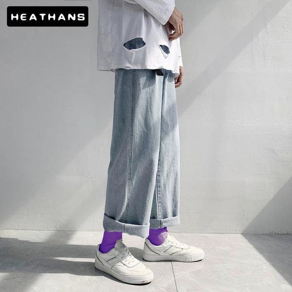 

men's jeans men solid loose denim trendy all-match straight males leisure chic baggy cowboy trousers harajuku retro cool simple, Blue