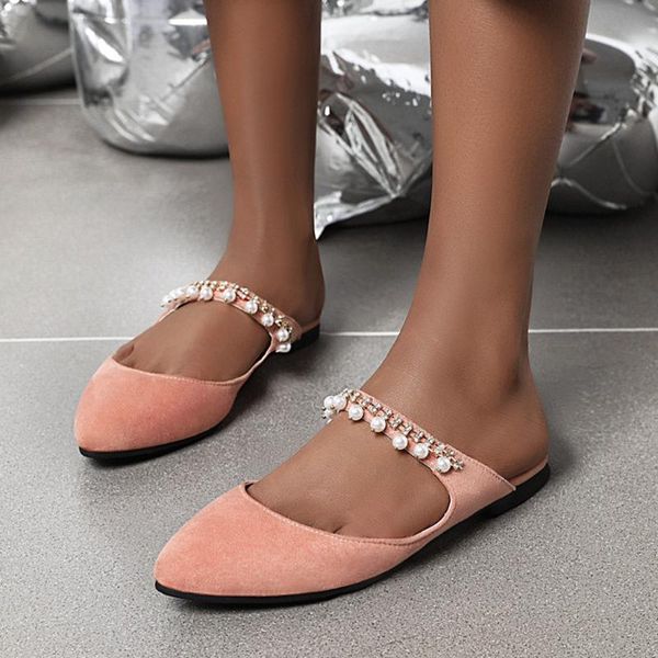 

summer round toe flat woman slippers slip on half shoes flock pure color causal slipper loafers mules flip flops plus size, Black