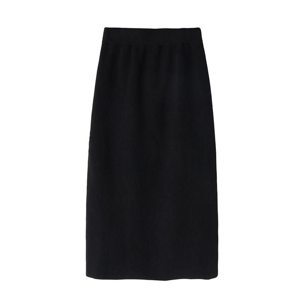 

black knitted elastic waist a line skirt solid knee length empire autumn winter s0130 210514