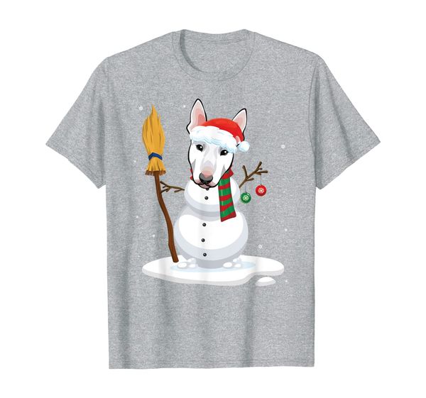 

bull terrier snowman with noel costume dancing sweeping snow t-shirt, White;black
