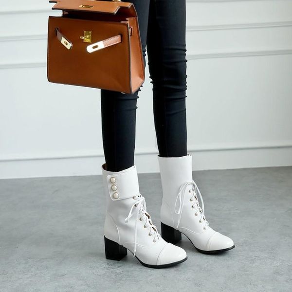 

boots plus size - women shoes ankle for ladies cross lacing side pearl, Black