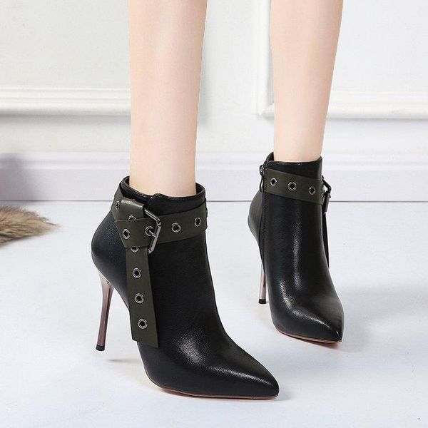 

boots 2021 autumn winter retro thin high heels rivet pointed toe metal buckle belt plush women fashion shoes short ankle knight, Black