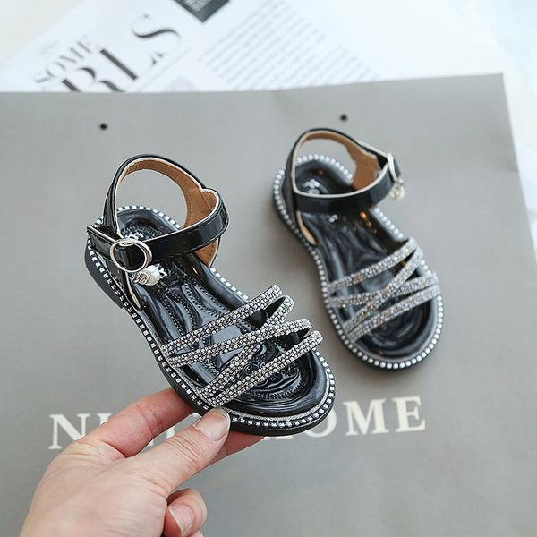 

girls sandals summer new fashion princess shoes rhinestone flats beach scandals open-toe buckle childrens shoes chic 21-30, Black;grey