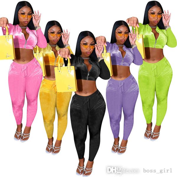 

designer women 2 piece pants tracksuits solid velvet zipper high waist long sleeve jacket & leggings sportswear fall winter, White