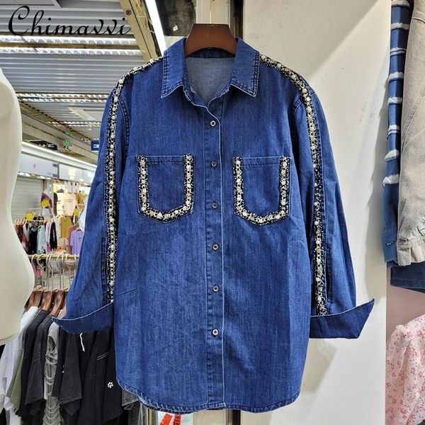 

women's blouses & shirts 2021 summer women pearl beaded spliced long sleeve shirt lady lapel loose slimming blue denim, White