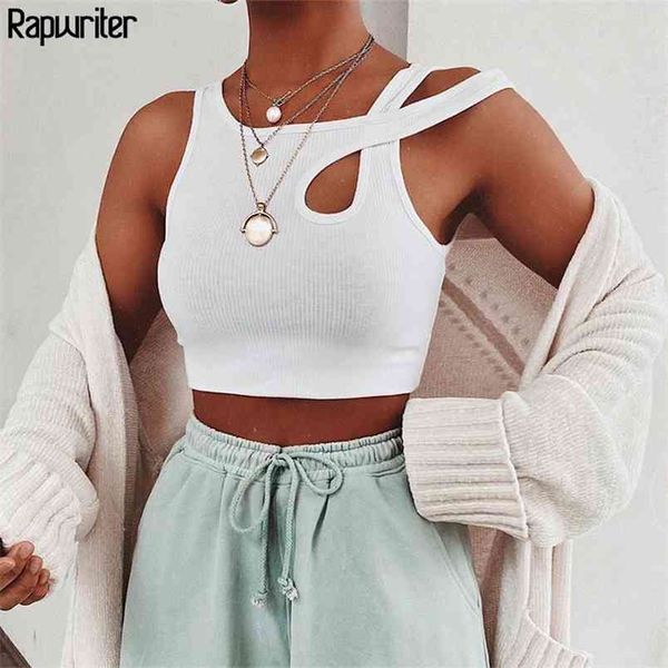 

asymmetrisal strap sleeveless summer crop womens cotton tank bandage hollow out streetwear fitness vest white 210510