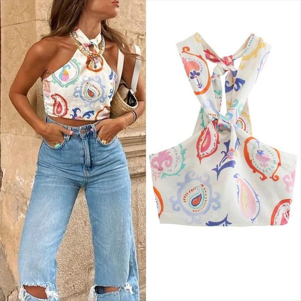 

za white halter womens tank print crop fashion bow knot backless summer sleeveless chic woman blouse