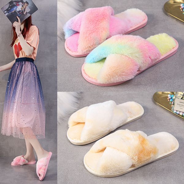 

rainbow cotton slippers cross plush slipper casual furry shose women house shoses bathroom footwear warm comfortable 2021 autumn and winter, Blue