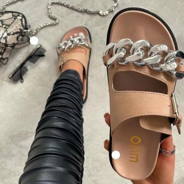 

slippers 2021 fashion leather women chain designer summer sandals party shoes indoor ytmtloy flat with house zapatillas, Black