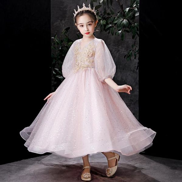 

sequin lace flower girl dress for weddings half sleeves princess party communion pageant gown long vestidos girl's dresses, Red;yellow