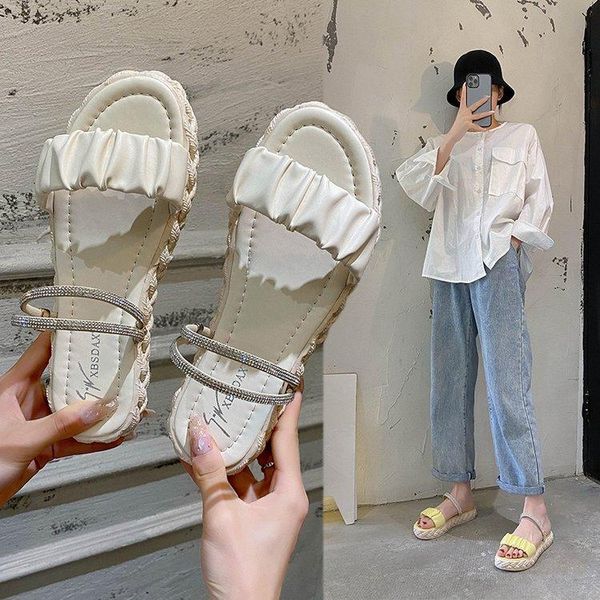 

slippers shoes flat slipers women platform luxury slides lady low 2021 designer girl summer rubber sewing hoof heels fabric pu, Black