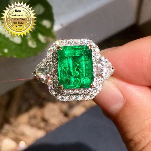 

cluster rings 10k gold ring lab created 2ct emerald and moissanite diamond with national certificate em-006, Golden;silver