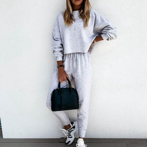 

women's tracksuits vs&llwq tracksuit women set o neck loose crop sweatshirt+lace up pencil pants 2 pieces sets 2021 autumn clothing sui, Gray