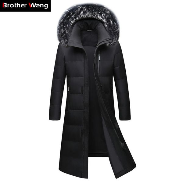 

men's knee length et, thick coat, warm white duck leather collar, hoodie, famous brand clothing, winter novelty, 2020, Black