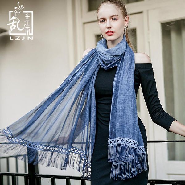 

scarves lzjn luxury tassel scarf 88*220cm fashion women long cotton shawls gradient pashmina hijab foulard ethnic wraps 6 colors, Blue;gray