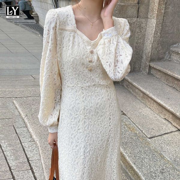 

ly varey lin spring autumn women elegant square collar single breasted dress long sleeve high waist beige lace midi 210526, Black;gray