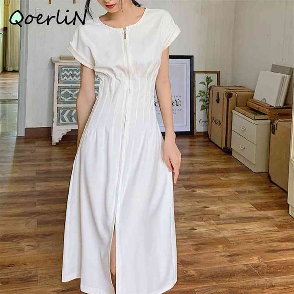 Minimalist Fransız Zarif Beyaz Çay Elbise Mizaç Yüksek Bel Ince Uzun Maxi Artı Boyutu Fermuar Kısa Kollu Kadınlar 210601