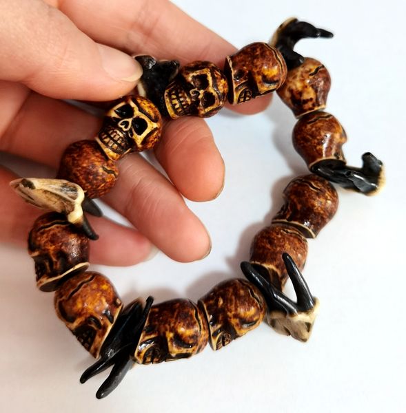 

men's calvarium skull tooth bracelet gothic biker motorcycle band jewellery, Black
