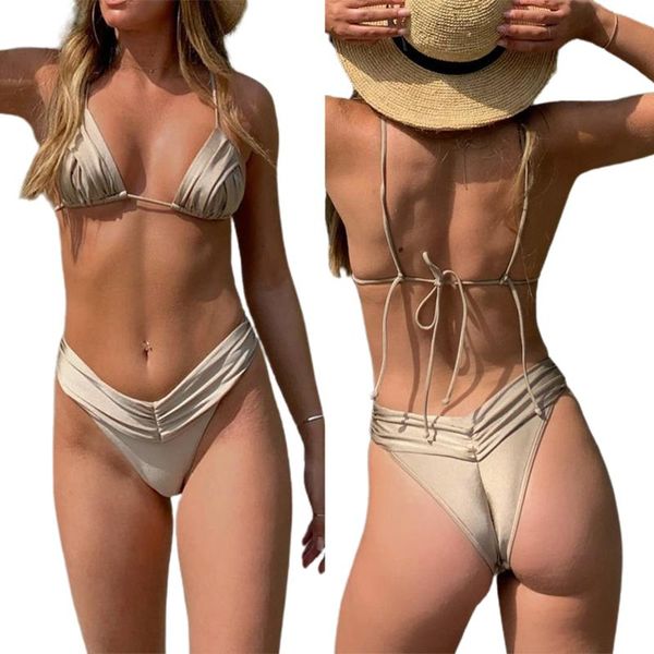 

one-piece suits two piece solid color lace up ruched swimwear women summer split swimsuit set adults creative bikini backless bathing s