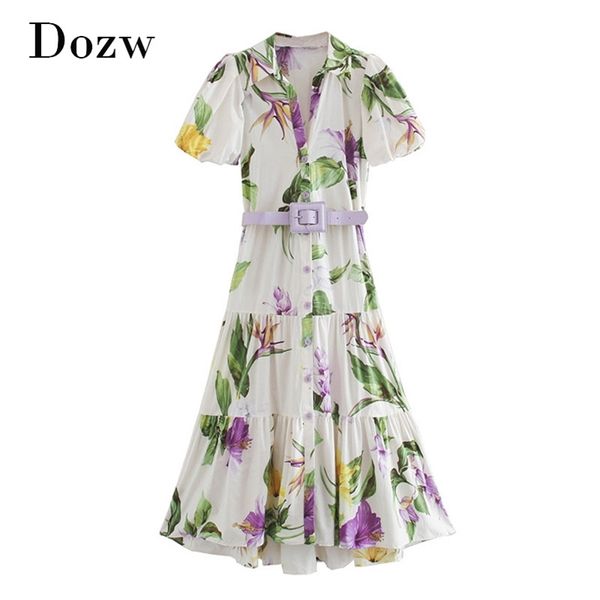 Boho Estilo Floral Impressão Longa Vestido Lanterna Manga Curta Elegante Camisa Bandage Vintage Plissado es Vestidos 210515