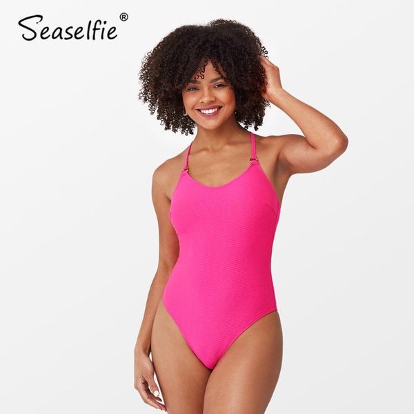 

solid bright pink ribbed scoop back criss-cross one-piece swimsuit women 2021 backless swimwear bathing suit beachwear two-piece suits