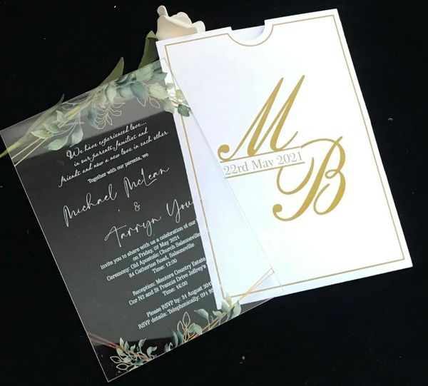 

pocket acrylic wedding invitations cards with gold ink initials,custom 10pcs greenery leaves invitations,party invites greeting