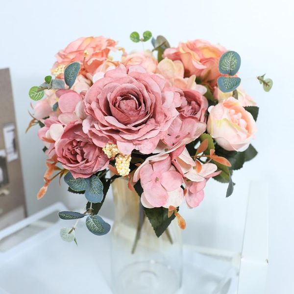 

artificial flowers retro silk rose bouquet hydrangea peony vintage bride holding fake flower home wedding decoration accessories decorative