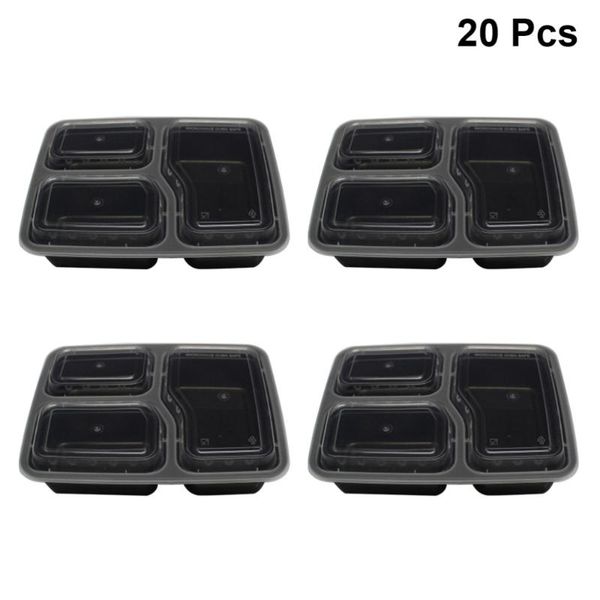 

20pcs disposable meal prep containers 3-compartment storage box microwave safe lunch boxes (black, with lid) dinnerware sets