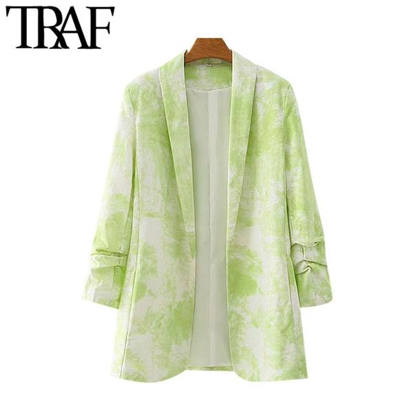 

women fashion tie-dye print open stitch blazer coat vintage pleated long sleeve female outerwear chic women's suits & blazers, White;black