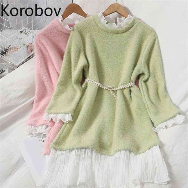 

korobov korean hit color women dress vintage a-line ruffles patchwork female dresses office lady pearls sashes knit vestidos 210430, Black;gray